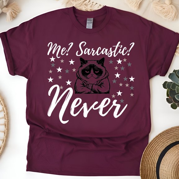Me Sarcastic Never Grumpy Cat Humor Unisex Graphic Shirt, Maroon, Size 2XL