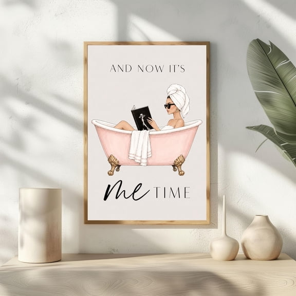 Me Time Bathroom Poster, Pink Bathtub Wall Art, Chic Preppy Powder Room Decor