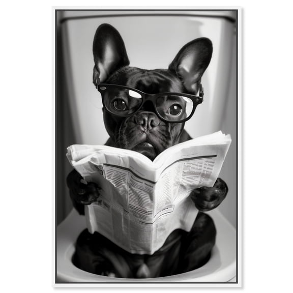 Me Time Frenchie Canvas Funny Bathroom Art by Art Remedy, White Frame, 10" x 15"