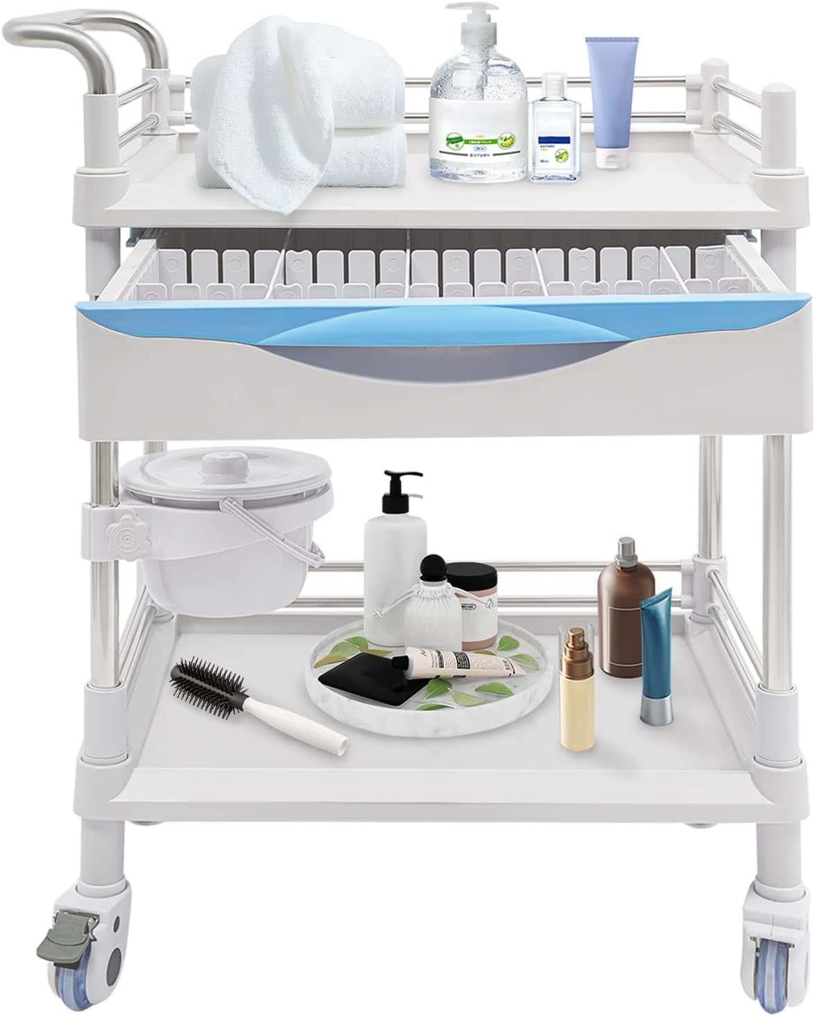 Me-di-Cal Mobile Trolley Cart with Drawers & Trash Cans, 2 Tier Beauty ...