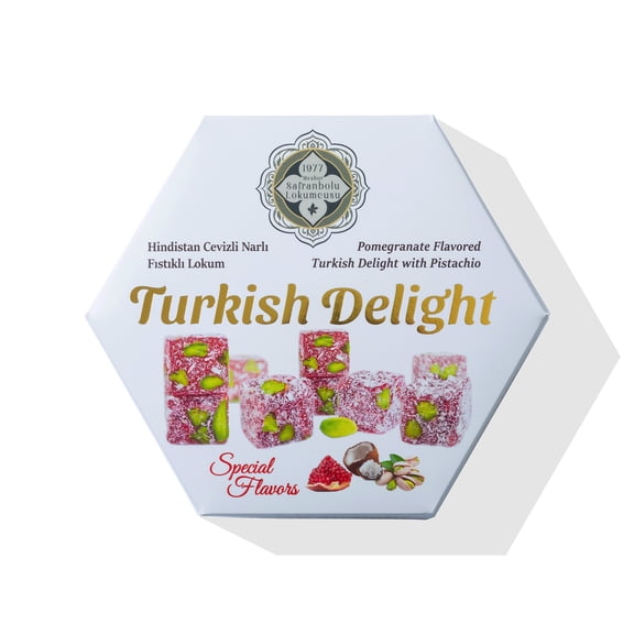 Mehur Safranbolu Lokumcusu Pomegranate Turkish Delight with Pistachios & Coconut Gourmet Turkish Candy Gift Box, 7.1 oz