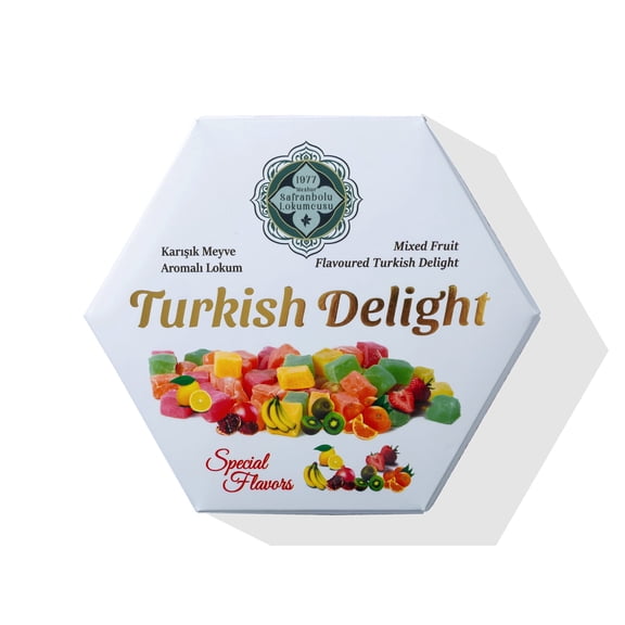 Meshur Safranbolu Lokumcusu Mixed Fruit Turkish Delight Candy, Vegan & Gluten-Free Gourmet Candy Gift Box, Authentic Turkish Lokum, 7.1 oz