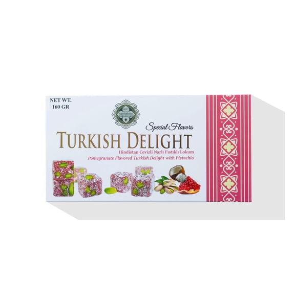 Mehur Safranbolu Lokumcusu Turkish Delight with Pistachios & Pomegranate, Coconut Covered Gourmet Candy Gift Box, Vegan Turkish Candy (5.6 oz)