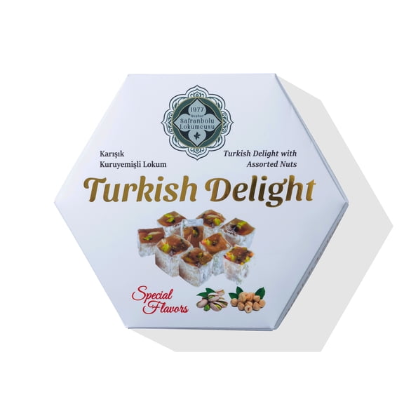 Mehur Safranbolu Lokumcusu Turkish Delight with Pistachios, Hazelnuts & Almonds Gourmet Turkish Candy Gift Box, 7.1 oz