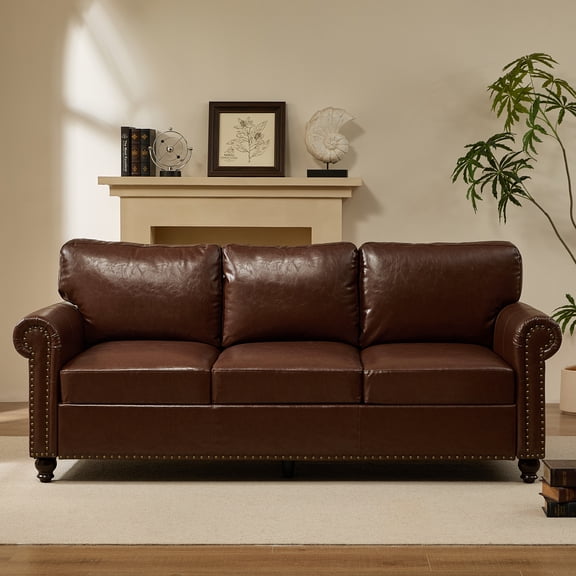 Me'on 80'' Faux Leather Sofa with Storage Seats, Classic 3-Seater Couch with Nailhead Trim, Easy Assembly, Dark Brown