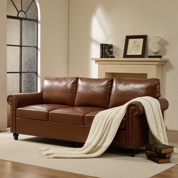 Me'on 80'' Faux Leather Sofa with Storage Seats, Classic 3-Seater Couch with Nailhead Trim, Easy Assembly, Dark Brown