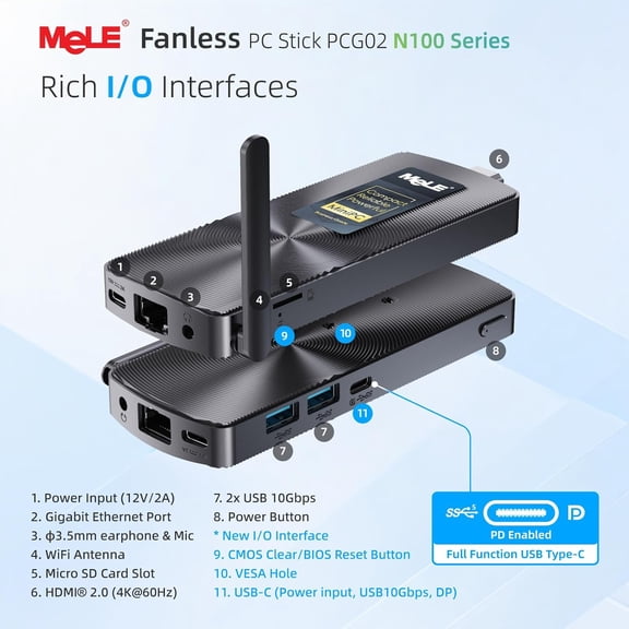 MeLE PCG02 N100 Mini PC Stick Windows 11 Pro 8GB LPDDR5 128GB eMMC, Fanless Computer Stick (New)