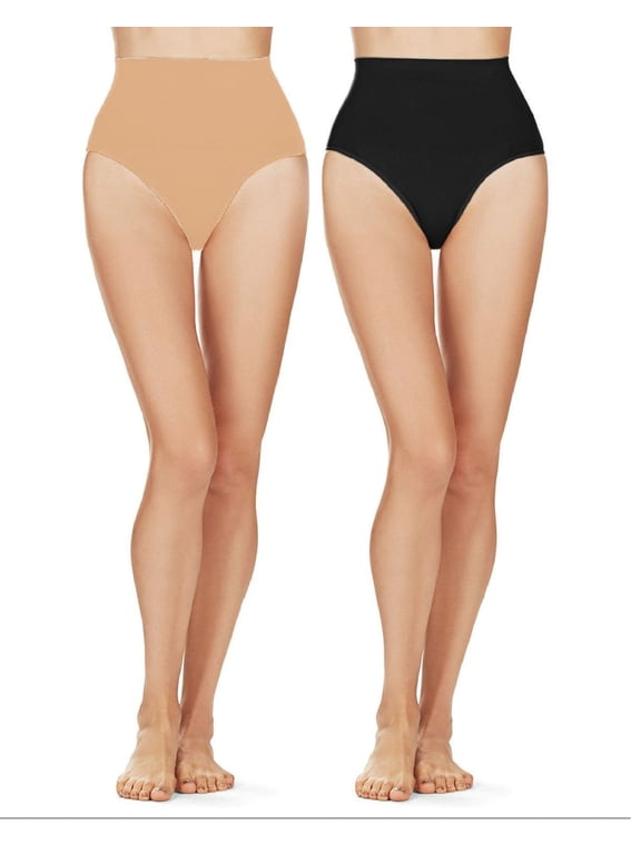 2 Pair Women's Full Coverage High Waisted Shaping Briefs - Womens - Female, Large, Buff-Black