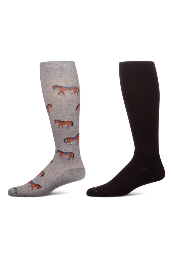Wellfit 2 Pair Unisex Cotton Blend Compression Knee High Socks, Horse/Solid, 10-13, Medium Gray-Black