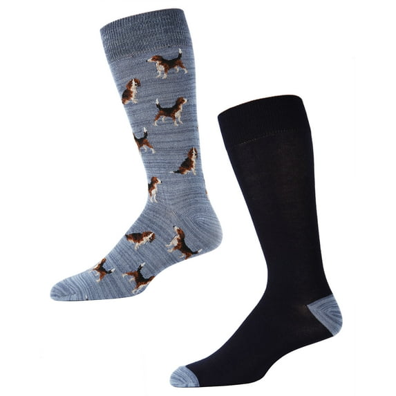 MeMoi Men's 2 Pair Pack Beagle Dog Bamboo Blend Crew Socks - Mens - Male, 10-13, Blue Marled