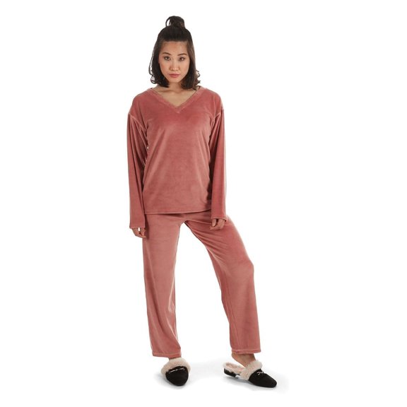 MeMoi Women's 2 Piece Velour V-Neck Sweatshirt Lounge Set - Womens - Female (X-Large, Rose)