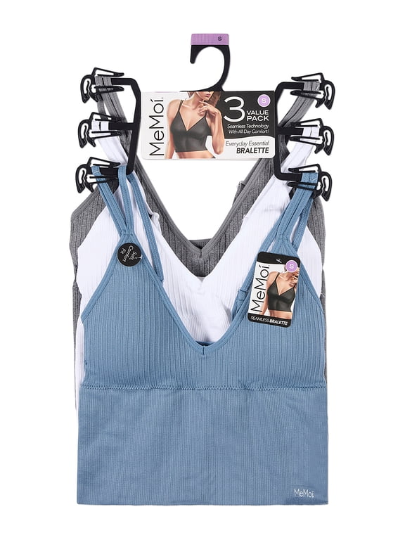 3 Pack Women's Seamless Long-Line Double-Strap Pullover Bras, M, Blue Shadow-White-Med Gray Heather