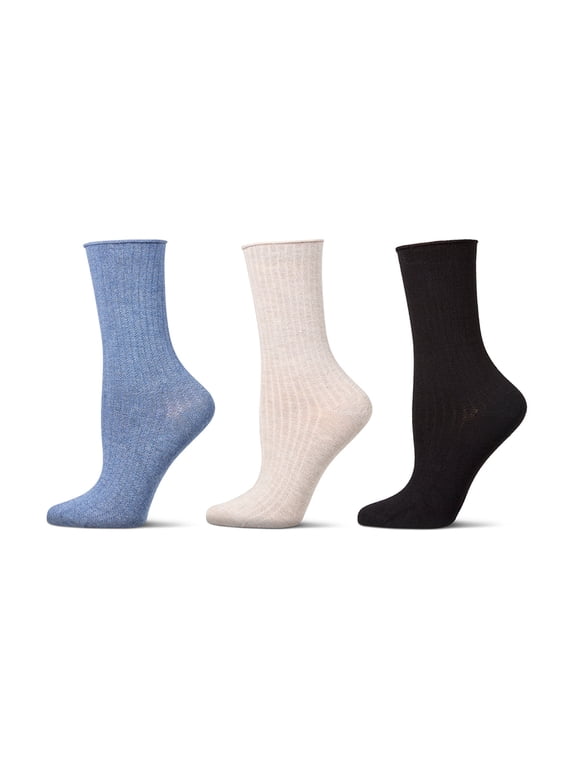 3 Pair Women's Silky-Soft Roll-Top Crew Socks - Womens - Female, 9-11, Ivory Heather Multi