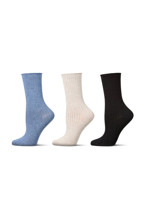 3 Pair Women's Silky-Soft Roll-Top Crew Socks - Womens - Female, 9-11, Denim Heather Multi