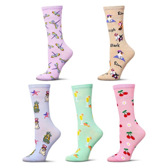 MeMoi 5 Pair Women's Rayon-Blend Novelty Fashion Crew Socks - Womens - Female, 9-11, Multi