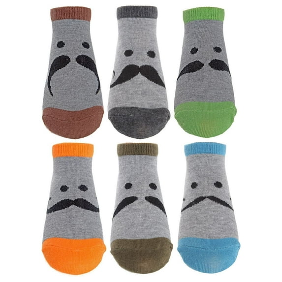 MeMoi Boys' 6 Pair Pack Mustache Mood Low Cut Socks - Boys - Male, 7-8, Medium Gray Heather