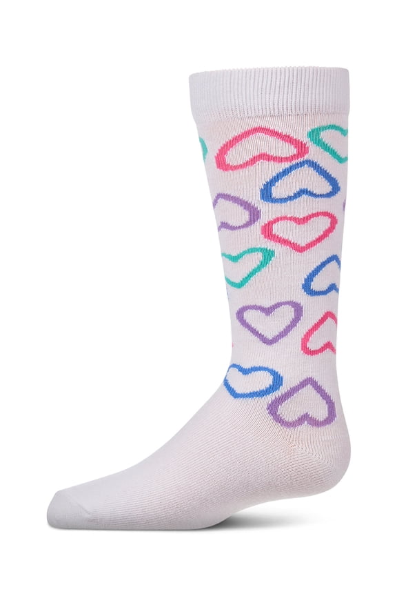 Girls All-Over Heart-Themed Cotton-Rich Mini-Ribbed Knee High Sock - Girls - Female, 6, White