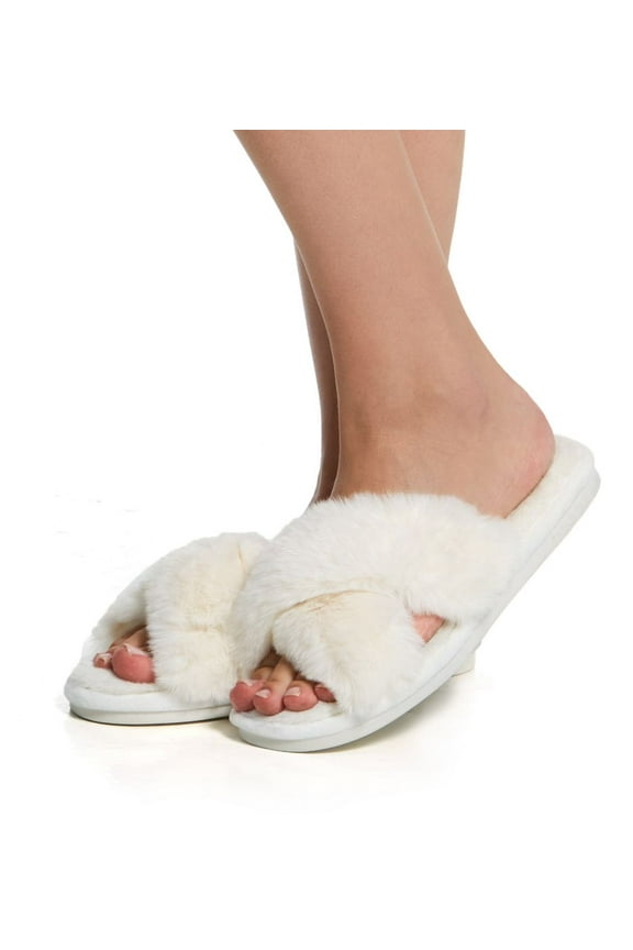 Women's MeMoi MZP05445 Beverly Faux Fur Open Toe Plush Slipper (Ivory L)
