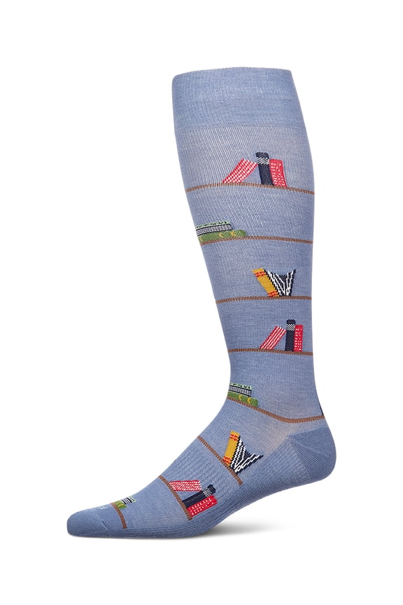 Men's Bookshelf-Graphic Rayon-Blend Mild Compression Knee High Socks, 10-13, Denim