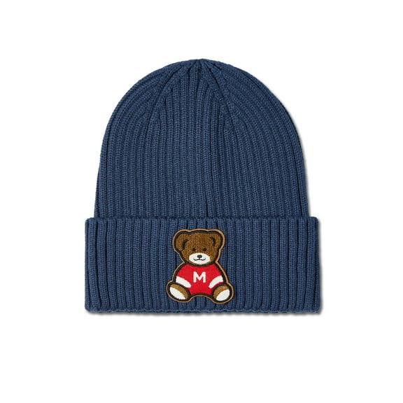 MeMoi Boys "MeMoi Teddy Bear" Ribbed Rayon-Blend Embroidered Beanie - Boys - Male (L, Blue)