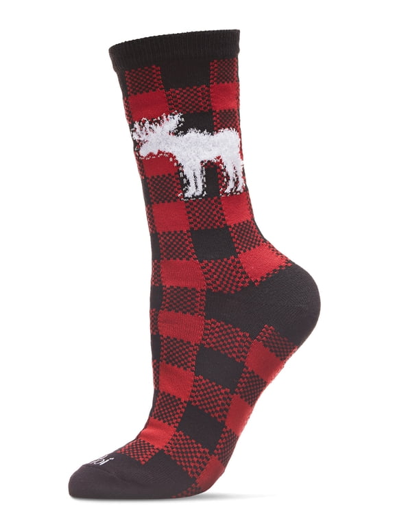 Buffalo Plaid Moose Holiday Crew Socks - Womens - Female, 9-11, Black-Red