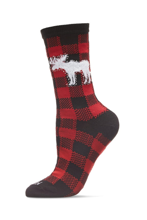 Buffalo Plaid Moose Holiday Crew Socks - Womens - Female, 9-11, Black-Red