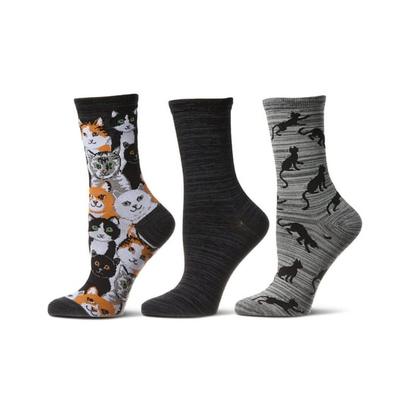 MeMoi Cats Montage Bamboo Blend Crew 3 Pair Pack - Womens - Female, 9-11, Silver Filigree