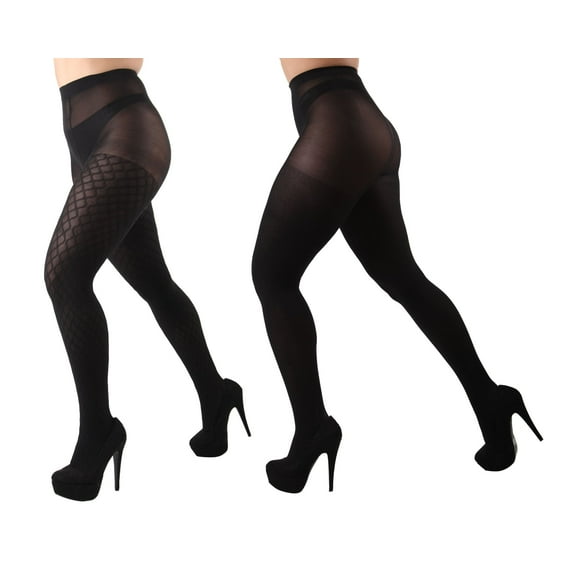 MeMoi Chain-Link/Solid Control Top Tights 2 Pack - Womens - Female, S-M, Black-Black