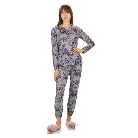 MeMoi Women's 2 Piece Purple Blossom Long Sleeve and Tapered Pant Pajama Set - Womens - Female, Small, Purple