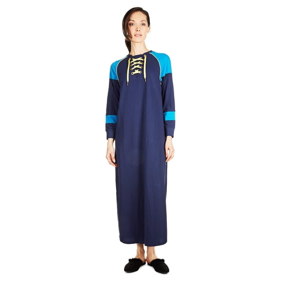 MeMoi Women's 100% Cotton Ultra Soft Lace Up Long Sweatshirt Gown - Womens - Female (Medium, Medieval Blue)