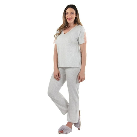 MeMoi Women's Cotton Blend Lace Trim Short Sleeve Top and Pants Sleep Set - Womens - Female, Large, Light Gray Heather