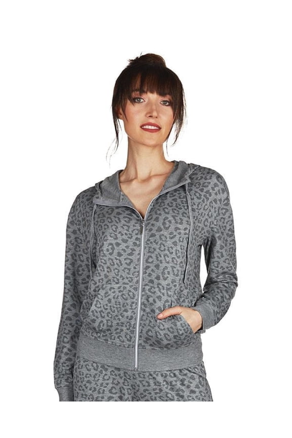 Women's Leopard Print French Terry Cloth Lounge Hoodie - Womens - Female (L, Gray Heather)
