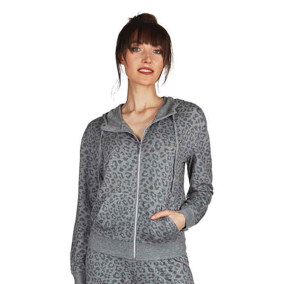 MeMoi Women's Leopard Print French Terry Cloth Lounge Hoodie - Womens - Female, XS, Gray Heather