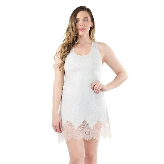 MeMoi Women's Racerback Lace Trimmed Cotton Blend Chemise - Womens - Female (Large, Light Gray Heather)