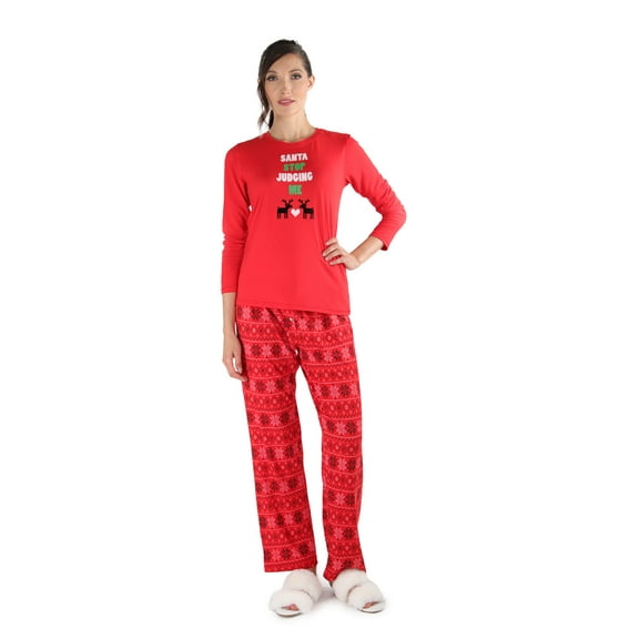 MeMoi Women's Santa Don't Judge Me Snowflake Love Two-Piece PJ Set - Womens - Female, Large, Red