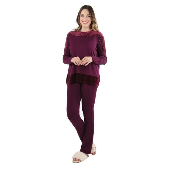 MeMoi Women's Velour Luxe Frosted Trim Ultra-Soft Pajama Set - Womens - Female, Medium, Burgundy
