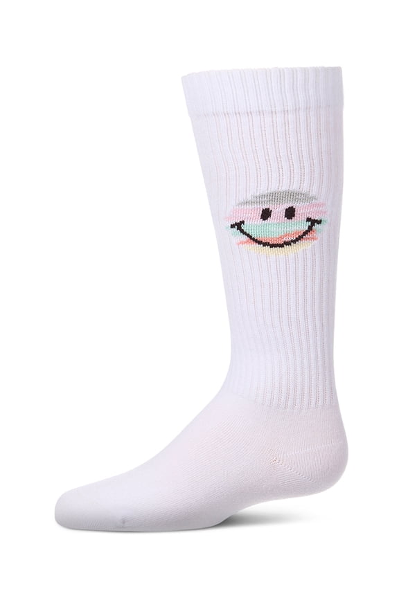 Girls "Colorful Smiley Face" Ribbed Cotton-Rich Knee High Soick - Girls - Female, 4, White
