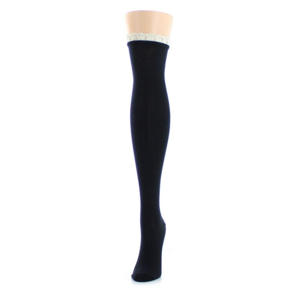 MeMoi Contrast Ruffle Cotton Blend Over The Knee Socks - Womens - Female, One Size, Charcoal