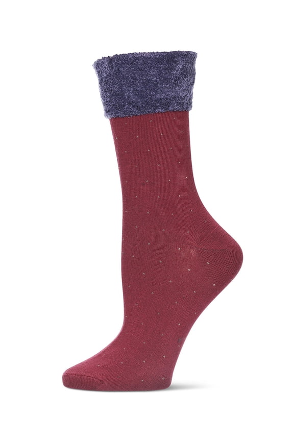 Costelle Pindot Fuzzy Cuff Cotton Blend Crew Socks - Womens - Female, 9-11, Burgundy