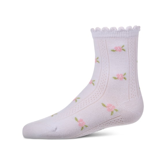 MeMoi Cotton-Rich Scallop-Trim Crew Sock with Mini-Floral Pattern - Girls - Female, 2, White