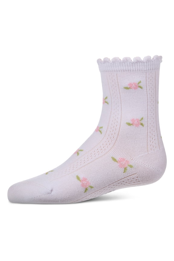 Cotton-Rich Scallop-Trim Crew Sock with Mini-Floral Pattern - Girls - Female, 4, White