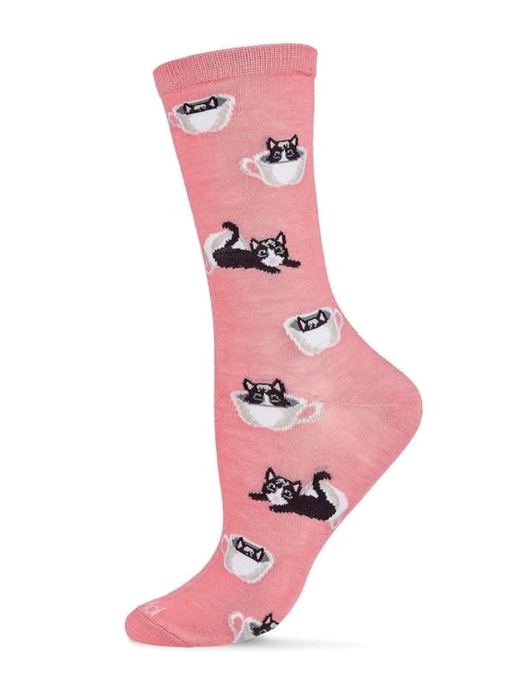 Cup o' Cats Bamboo Blend Crew Socks - Womens - Female, 9-11, Pink