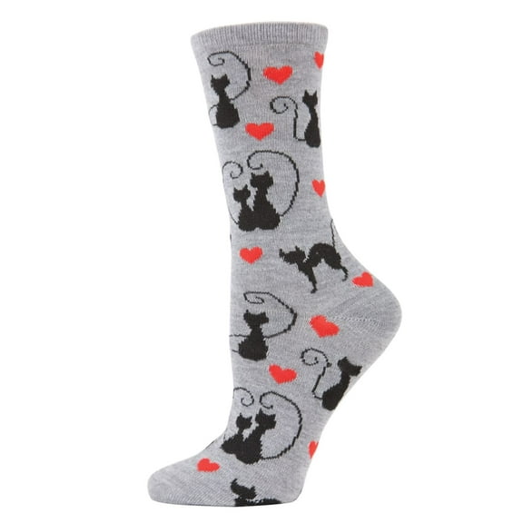 MeMoi Curly Q Love Cats Bamboo Blend Crew Socks - Womens - Female, One Size, Medium Gray Heather