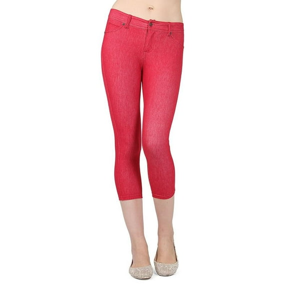 MeMoi Denim Zipper Capri Cotton Blend Jean Leggings - Womens - Female (Large/X-Large, Red)