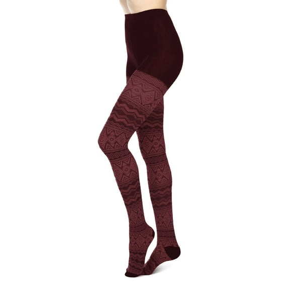 MeMoi Diamond Fair Isle Patterned Cotton Blend Sweater Tights - Womens - Female, Medium/Large, Burgundy Heather