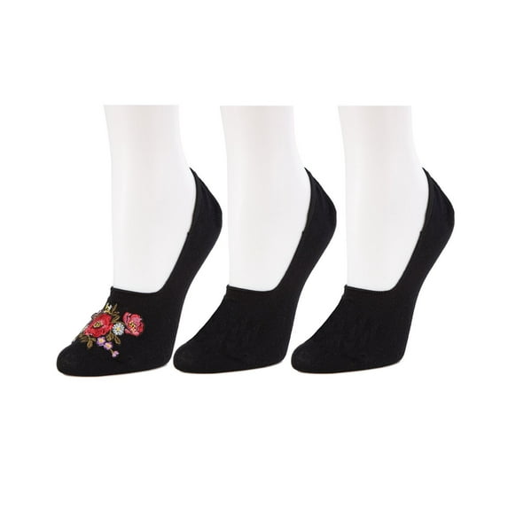 MeMoi Embroidered Bouquet No-Show Cotton Blend Socks 3-Pack - Womens - Female, One Size, Black