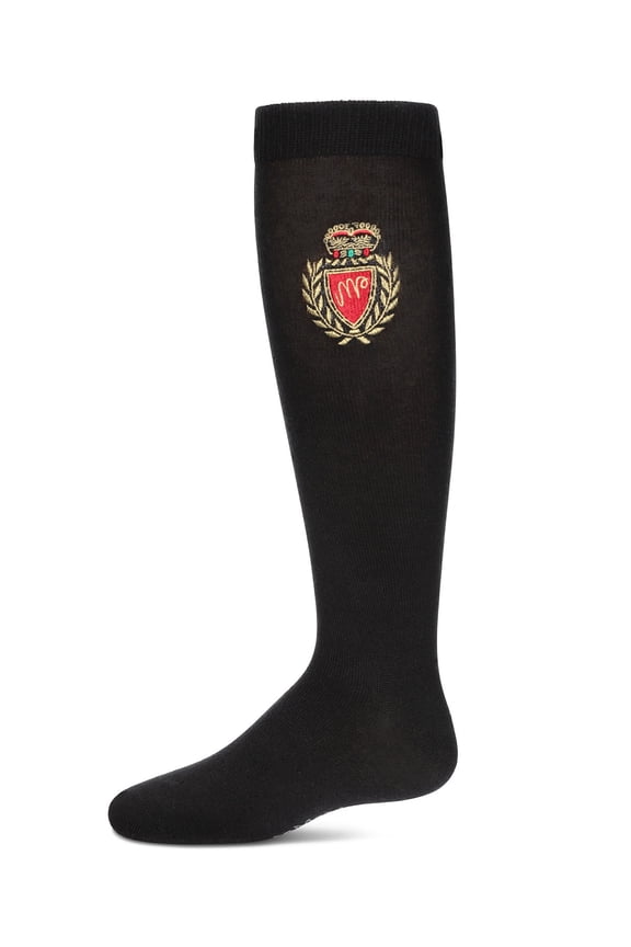 Embroidered Crest Cotton Knee High Socks - Girls - Female, 6, Black