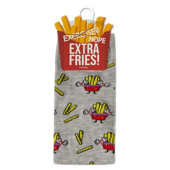 MeMoi Exercise Nope Extra Fries Crew Socks - Womens - Female, One Size, Med Gray Heather