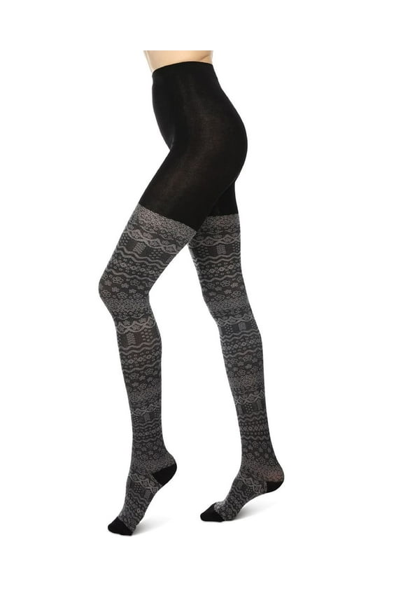 Fair Isle Frost Cotton Blend Sweater Tights - Womens - Female (Small/Medium, Black)