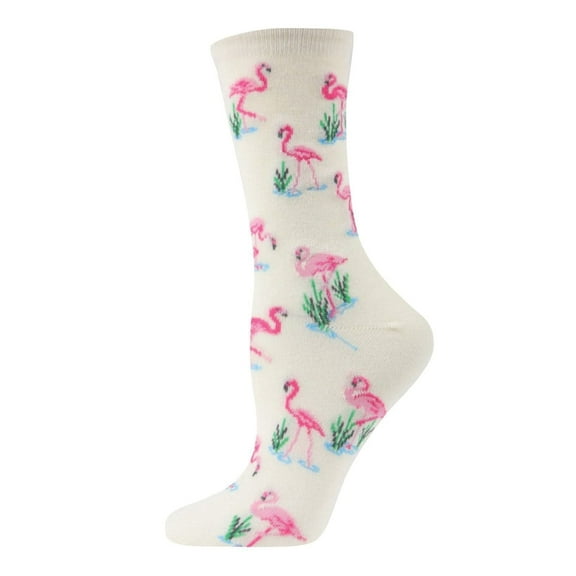 MeMoi Feathered Frenzy Flamingo Bamboo Blend Crew Novelty Socks - Womens - Female, 9-11, Ivory